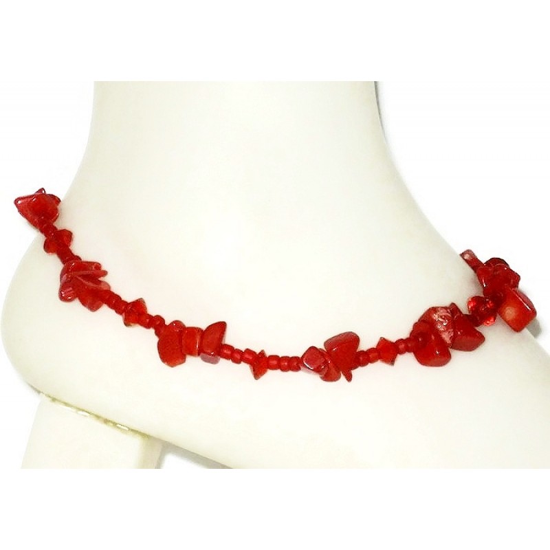 Red Ankle Bracelet with Red Coral Chip Beads | AngieShel Designs